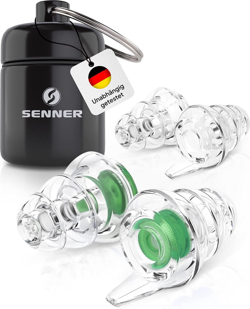 Senner ® MusicPro Oordoppen | Gehoorbescherming voor Concerten, Muziek, Disco, Festivals - Extra Zachte Oordopjes voor Volwassenen, Groen/Transparant - met Aluminium Houder - muziek oortjes - (Brede zwarte Doos groene Filter)
