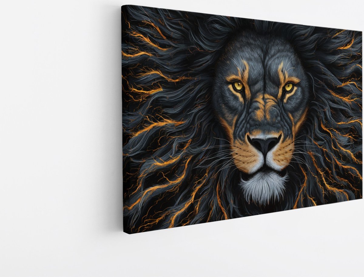 Saammp Canvas Schilderij - Abstracte Leeuw - Goud - zwart - Dieren - Natuur - 150x100 - Foto op canvas - Wanddecoratie - Muurdecoratie Woonkamer - Slaapkamer decoratie - Canvas Print Multicolor