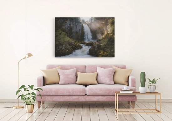Saammp Canvas Schilderij - Waterval tussen de rotsen - Bos - Landschap - Natuur - 150x100 - Foto op canvas - Wanddecoratie - Muurdecoratie Woonkamer - Slaapkamer decoratie - Canvas Print