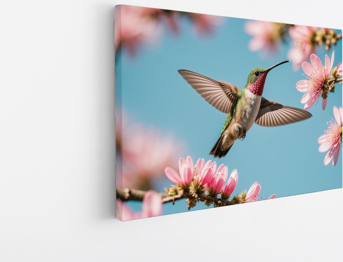 Saammp Canvas Schilderij - Kolibrie vliegt tussen de bloemen - Natuur - Dieren- 50x40 - Foto op canvas - Wanddecoratie - Muurdecoratie Woonkamer - Slaapkamer decoratie - Canvas Print Multicolor