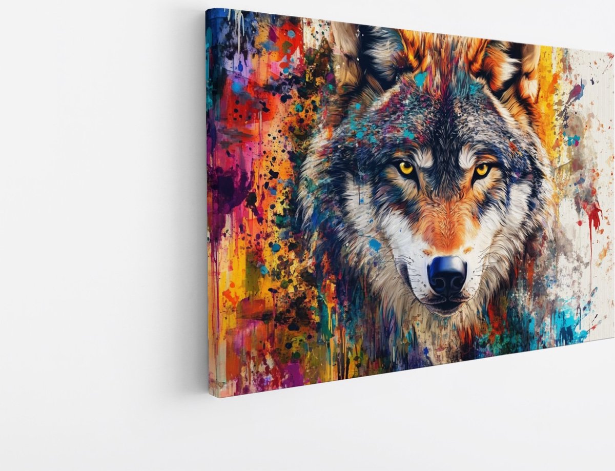 Saammp Canvas Schilderij - Kleurrijke Wolf - Abstract - Dieren - Natuur - 30x20 - Foto op canvas - Wanddecoratie - muurdecoratie Woonkamer - Slaapkamer decoratie - Canvas Print Multicolor