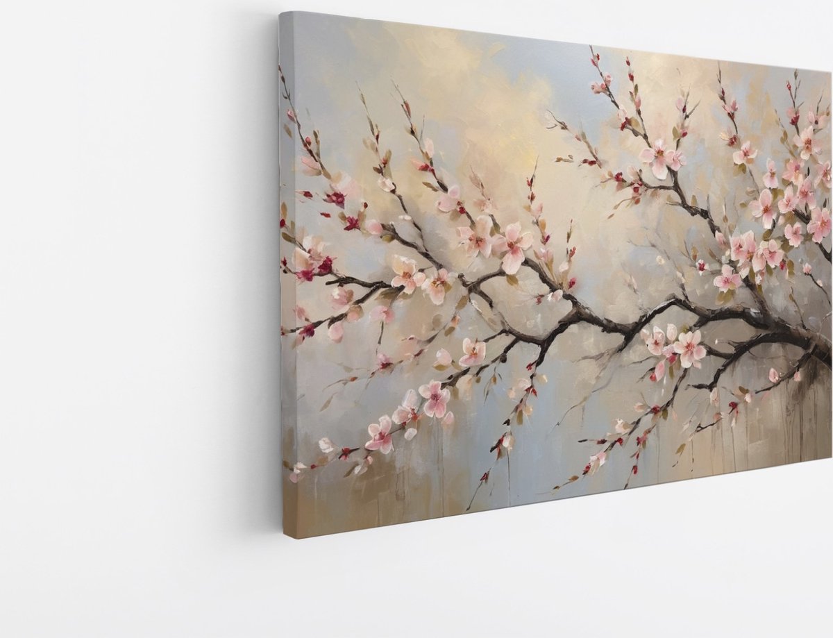 Saammp Canvas Schilderij - Bloemen - Bloesem aan tak - Natuur - 150x100 - Foto op canvas - Wanddecoratie - Muurdecoratie Woonkamer - Kantoor Decoratie Multicolor