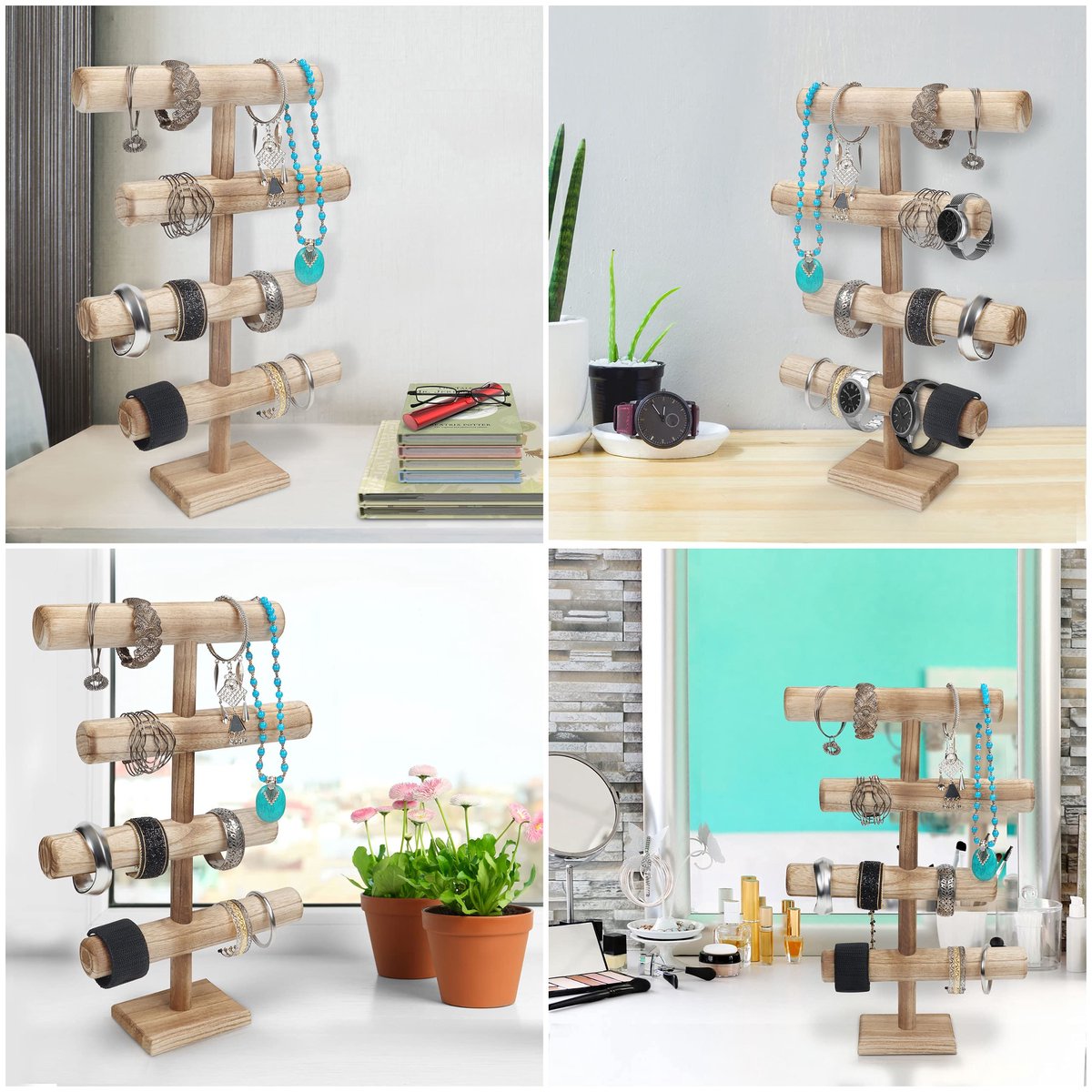 Belle Vous Presentoir Bijoux en Bois à 4 Niveaux - 48 cm de Hauteur - Porte Collier, Bracelets, Montres, Chouchous et Bracelets - Arbre a Bijoux en T de Table