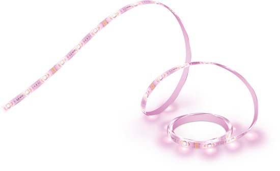 Een roze oplichtende LED-strip opgerold in een cirkel.