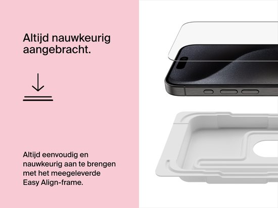 Een iPhone met screenprotector die wordt aangebracht met een witte tool. "Altijd nauwkeurig aangebracht."