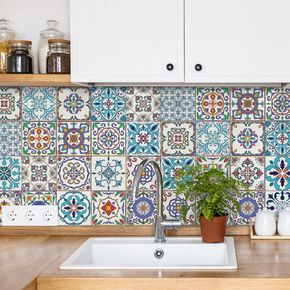 Ambiance Sticker Zelfklevende tegelmuurstickers voor keuken en badkamer - 60 Ludivina Azulejo tegelstickers - 60 stickers 15x15cm Multi color