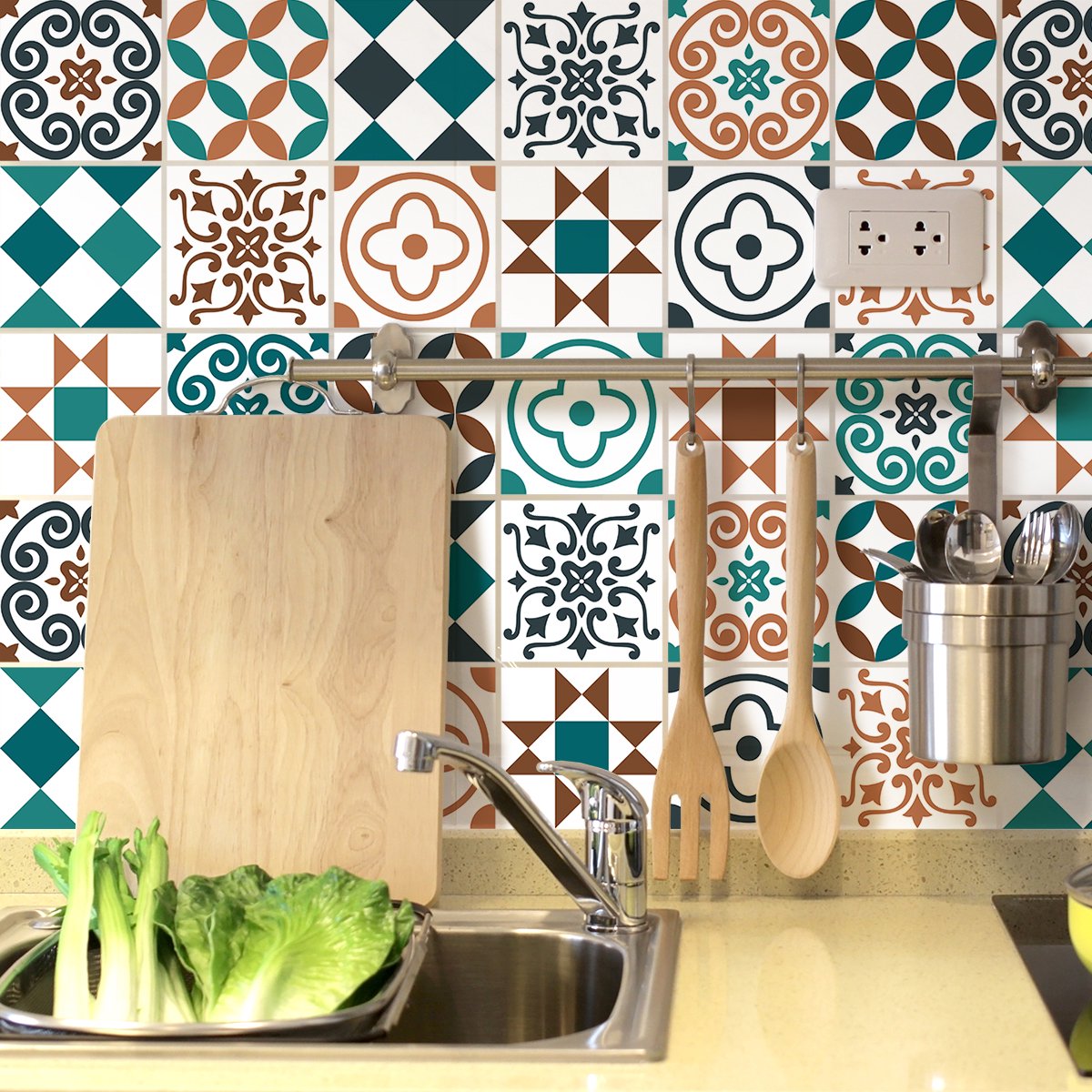 Ambiance Sticker Zelfklevende tegelmuurstickers voor keuken en badkamer - 9 AZULEJOS VALENTINA tegelstickers - 9 stickers 15x15cm Multi color