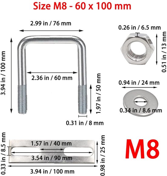 U-beugelsluiting 4 stuks - M8 U-bouten met moer en sluitring voor