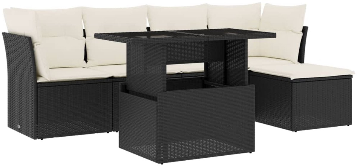The Living Store 6-delige Loungeset met kussens poly rattan zwart - Loungebank - Tuinlounge - Buitendiner - Loungeset - Outdoor Furniture