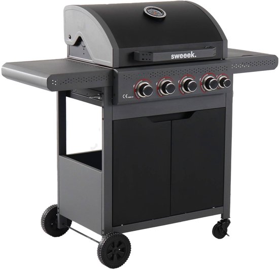 sweeek - Gasbarbecue edmond zwart, 4 branders + 1 zijbrander, met thermometer, l 122x b62 x h143 cm