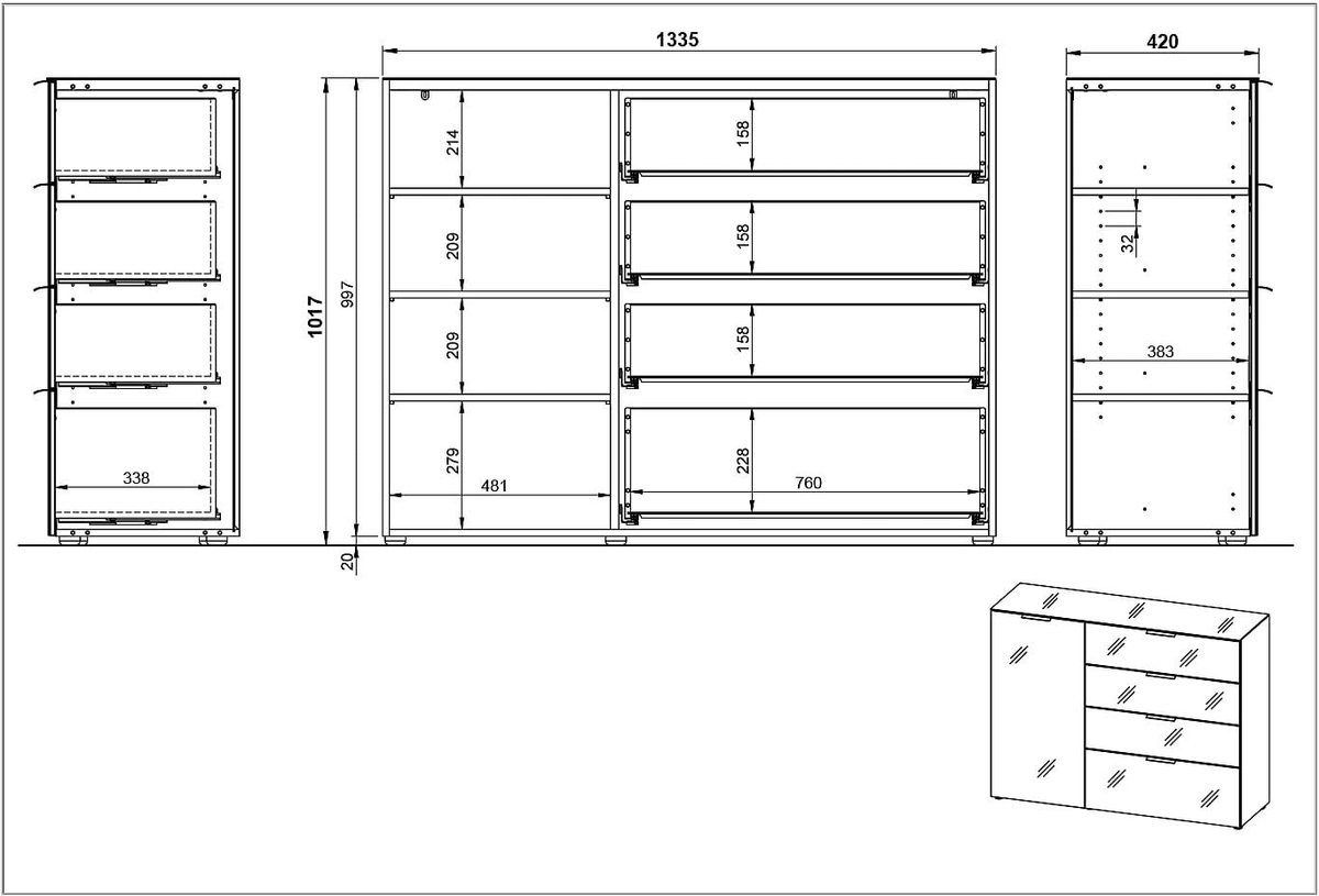 Dressoir Siena Kasjmier - Breedte 134 cm - Hoogte 102 cm - Diepte 42 cm - Met lades - Met planken - Met openslaande deuren