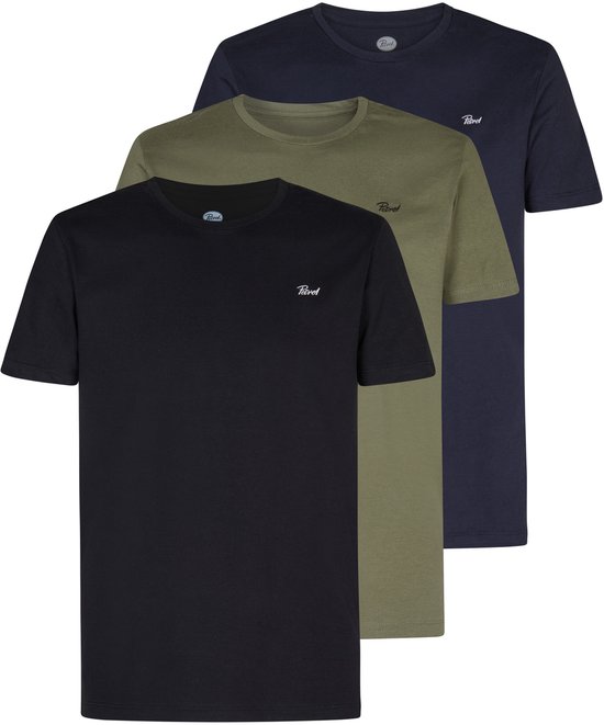 Drie Petrol Industries T-shirts: zwart, olijfgroen en donkerblauw, met korte mouwen.