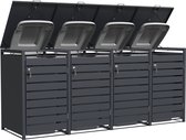 Donkergrijze containerberging van staal met vier open deuren en open deksels, één witte kliko zichtbaar.