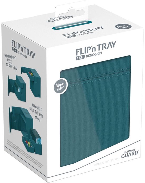De verpakking van de petrolkleurige Ultimate Guard Flip'n'Tray 133+ Xenoskin met productafbeeldingen.