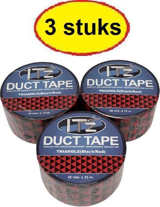 Drie rollen IT'z Duct Tape Triangle (zwart/rood). Elke rol is 48 mm x 10 m. Grote gele sticker met '3 stuks'.