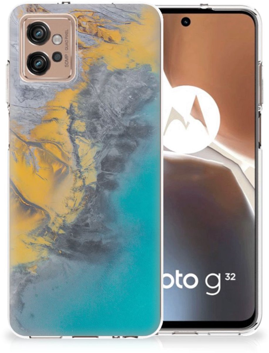 Back Cover voor Motorola Moto G32 TPU Siliconen Hoesje Marble Blue Gold