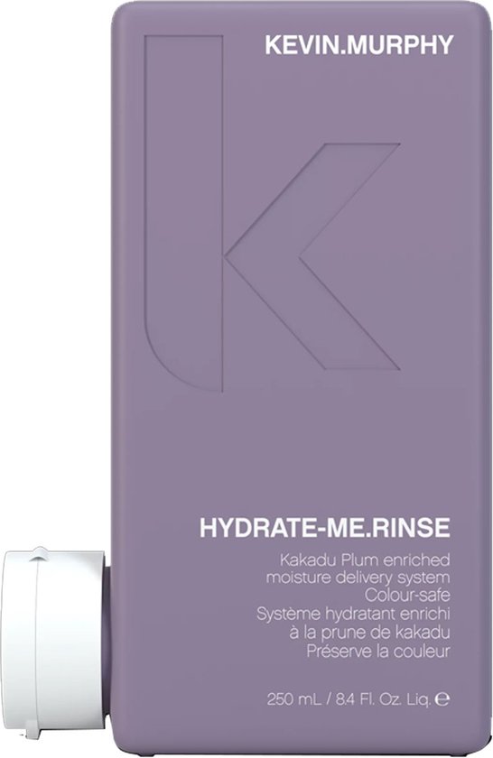 Bouteille KEVIN.MURPHY Hydrate-Me.Rinse violette avec logo K, bouchon blanc et informations produit.