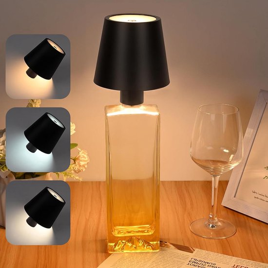 Drankfleslamp, draadloze wijnfles lichtset, 3 kleuren, dimbare touch-bediening, led-tafellamp voor restaurant, thuis, bar, thuis, kantoor, Kerstmis (zwart