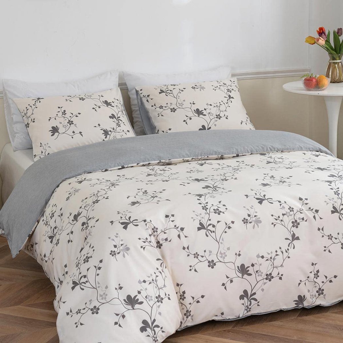 Unyqoos ® Beddengoedset van Zachte Microvezel met Bloemenpatroon voor Tweepersoonsbed beige/grijs