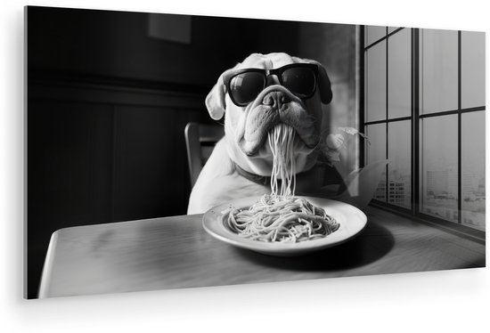 MuchoWow® Glasschilderij 120x60 cm - Schilderij acrylglas - Hond - Bulldog - Pasta - Bril - Stoer - Dieren - Foto op glas - Muurdecoratie woonkamer - Wanddecoratie slaapkamer - Schilderijen