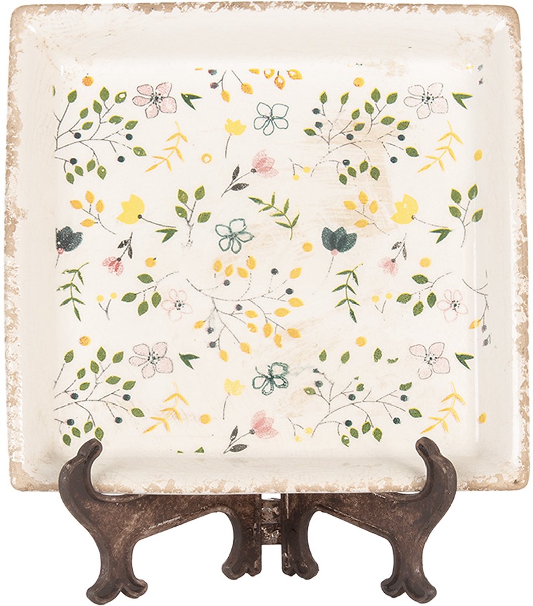 Clayre & Eef Onderbord 22x22x3 cm Beige Keramiek Bloemen