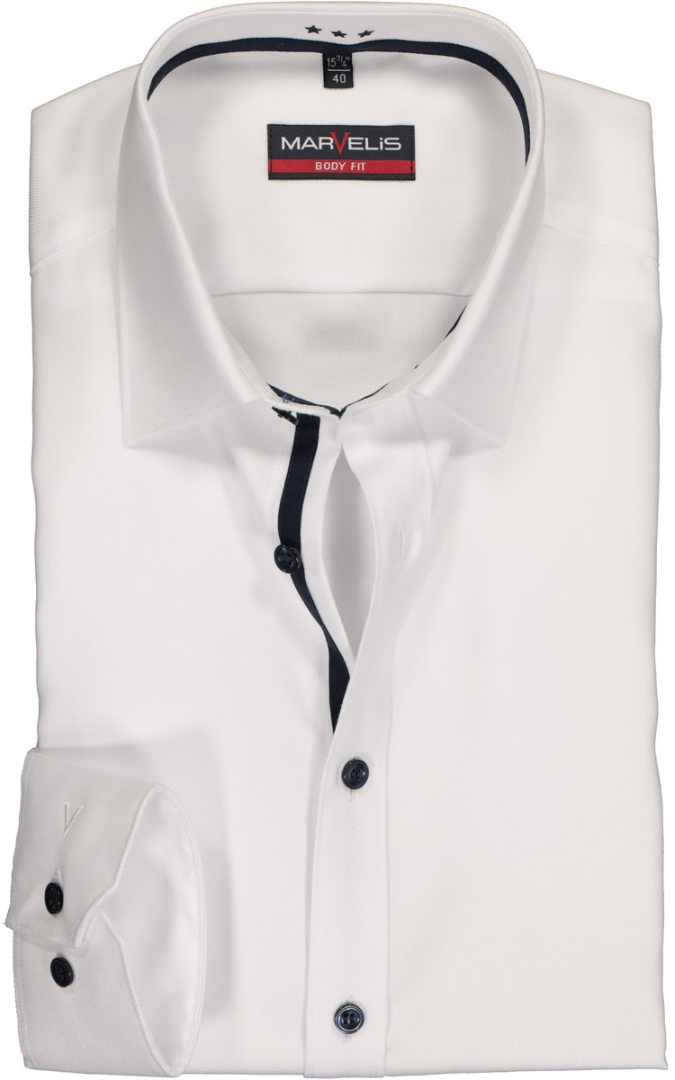 MARVELIS body fit overhemd - wit twill (contrast) - Strijkvriendelijk - Boordmaat: 38 (EU maat: S)