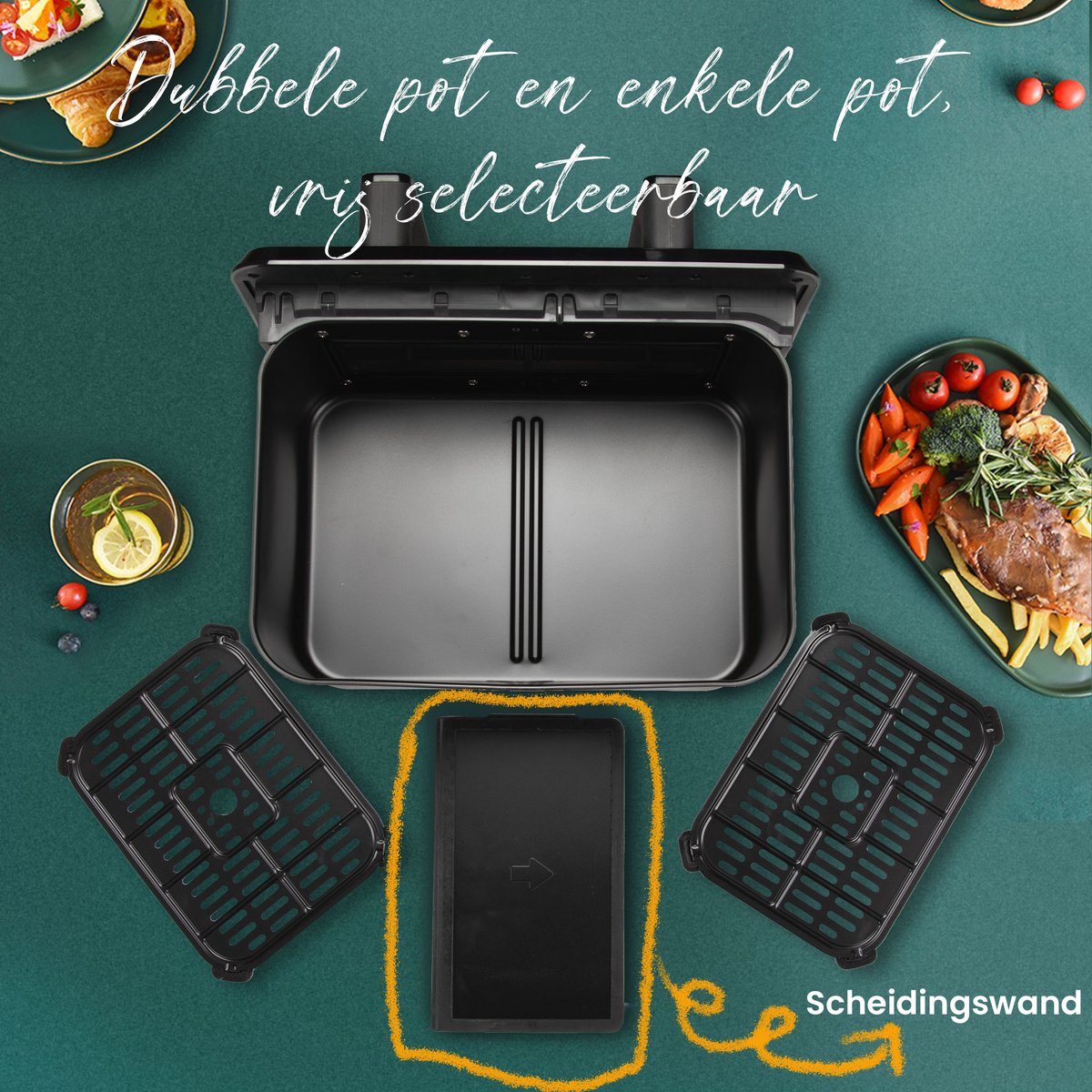 Digitale Airfryer XXL 9L Sinaopus 802 – Heteluchtfriteuse met Dubbele Mand en DualMand Onafhankelijke Snelle Opwarming – Voor Gezinnen – 10 Programma’s – Kijkvenster – Makkelijk te Reinigen – Capaciteit voor 4 Personen