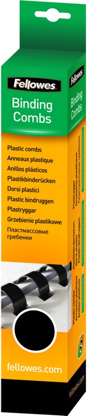 Verpakking van Fellowes plastic bindruggen, A4/21, 8mm, zwart, 25 stuks.