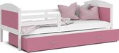 1 persoonsbed + logeerbed 200x90 cm - wit/roze - met bedhekken - met 2 matrassen