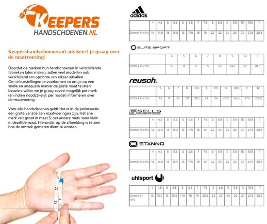 Maattabel voor keepershandschoenen met een hand en meetlint.