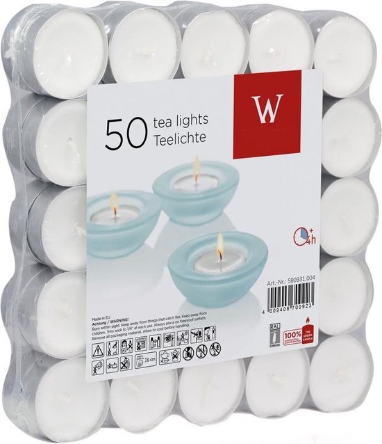 50x Witte theelichtjes/waxinelichtjes 4 branduren - Geurloze kaarsen |  bol.com