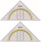 2x Geodriehoeken met liniaal en gradenboog 14 cm - Hobby/schoolbenodigdheden geodriehoeken/linialen van plastic