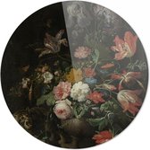 De omvergeworpen ruiker, Abraham Mignon, 1660 - 1679 | 20 x 20 CM | Oude Meesters | Wanddecoratie | Schilderij | 5 mm dik Plexiglas muurcirckel