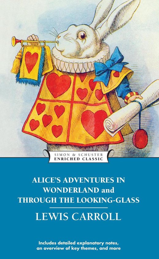 Witte konijn in een geel vest met rode harten, blaast op een trompet. Boekcover van 'Alice's Adventures in Wonderland'.