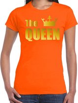 The queen t-shirt oranje met gouden letters en kroon voor dames - Koningsdag - fun tekst shirts 2XL