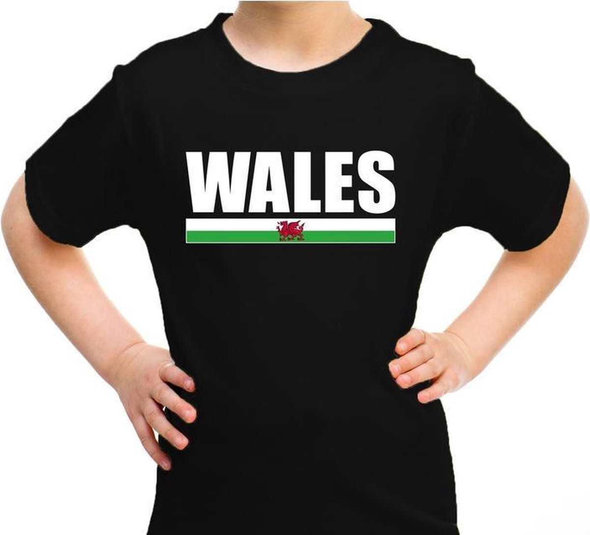 Afbeelding van product Bellatio Decorations  Wales supporter t-shirt zwart voor kids - Verenigd Koninkrijk landen shirt - UK supporters kleding 110/116  - maat 110/116