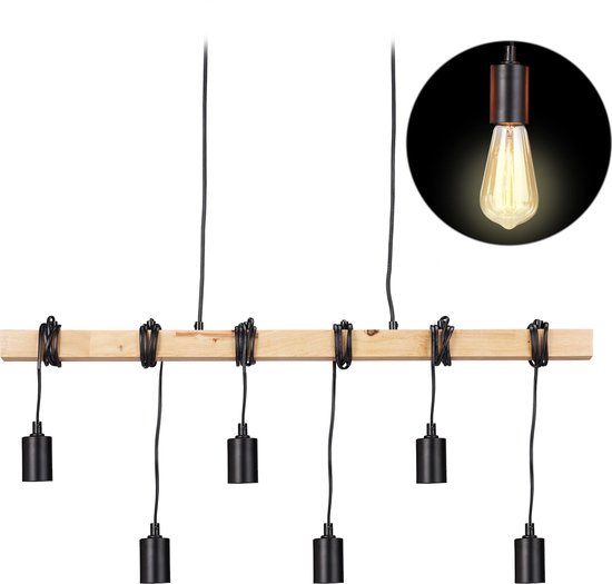 relaxdays hanglamp hout - 6-lichts - eettafel lamp - vintage - pendellamp -  industrieel | bol.com