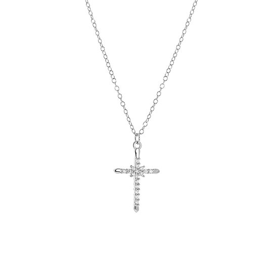 Lucardi Dames Ketting met hanger kruis met zirkonia - Echt Zilver - Ketting - Cadeau - 45 cm - Zilverkleurig