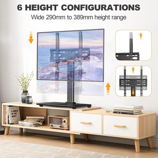TV staander, universeel, in hoogte verstelbaar, standaard, televisietafel, staander, televisievoet, LCD LED flatscreen televisie, standaard, glas, opzetstuk VESA 200x200 tafelstaander/zwart, kan tot 45 kg