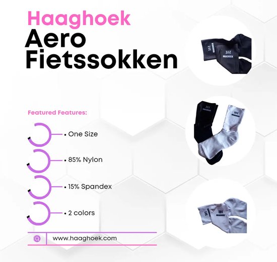 Chaussettes de vélo Aero Haaghoek en noir et blanc. Les chaussettes sont basses et présentent un motif rayé à la cheville.