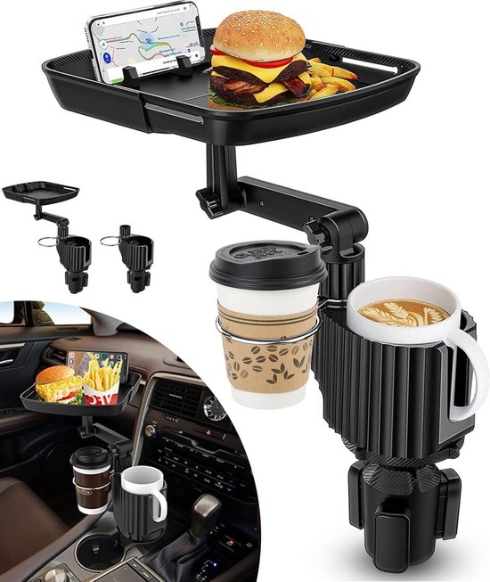 Plateau/porte-gobelet Universel Pour Voiture - Réglable 360°, Avec Support Téléphone, Gain De Place