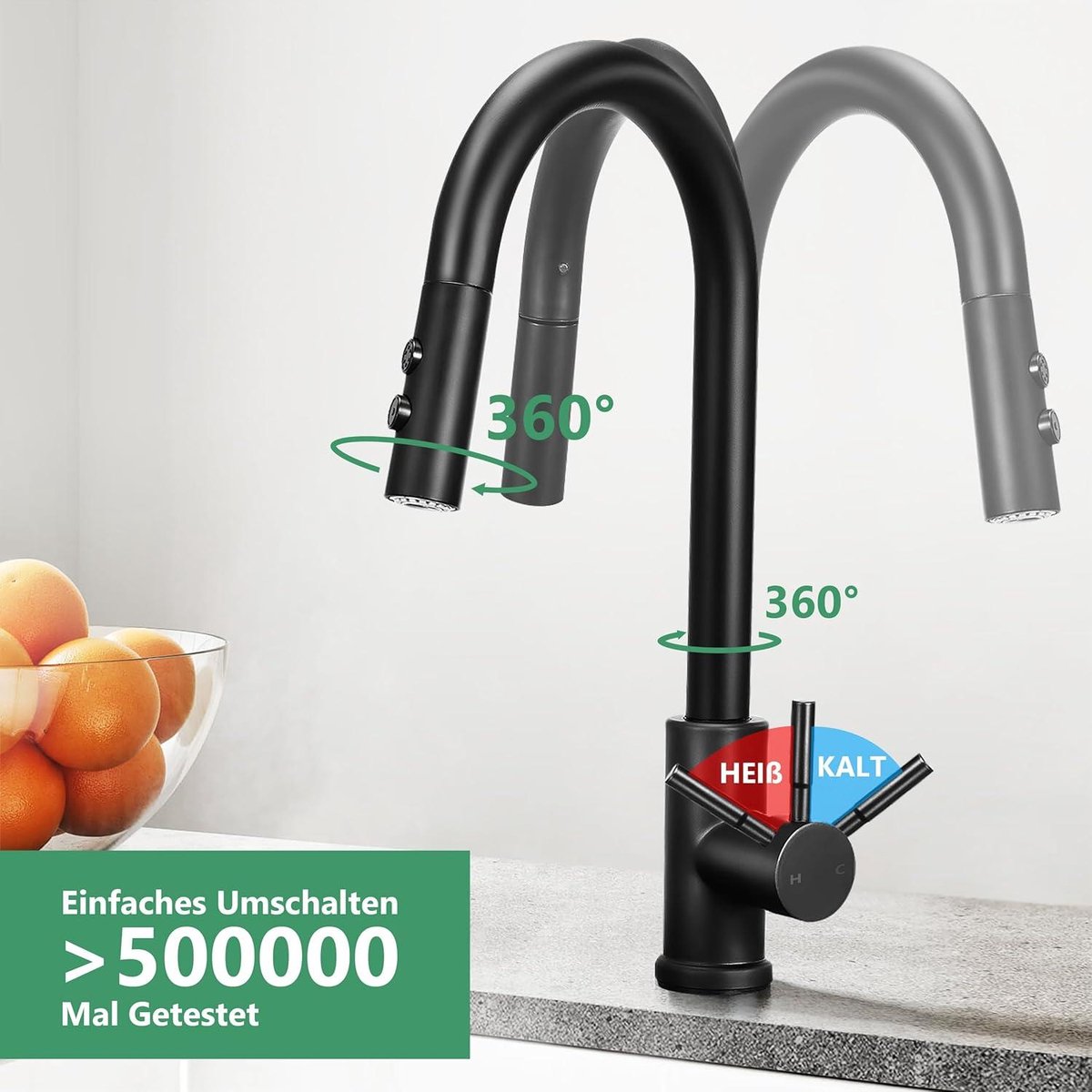 Waterkraan keuken, zwart, kraan, hogedruk keukenkraan met douche, 2 modi, 360° draaibare spoelbakarmatuur, roestvrijstalen mengkraan, geborsteld voor keuken, badkamer