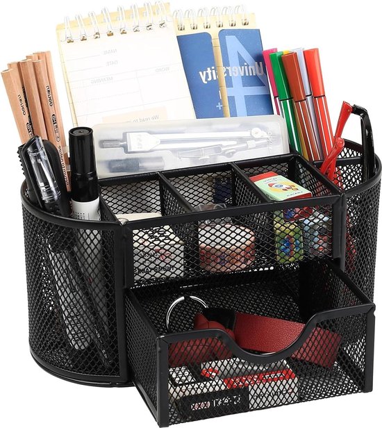 FINZOO Bureau-organizer met aktjeshouder, 5-laags papieren lettertray- organizer met lade en 2 penhouders, mesh bureauorganizer voor kantoorbenodigdheden, zwart