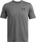 Grijze Under Armour T-shirt met zwart logo en tekst op de borst.