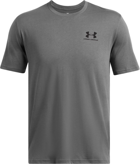 Grijze Under Armour T-shirt met zwart logo en tekst op de borst.
