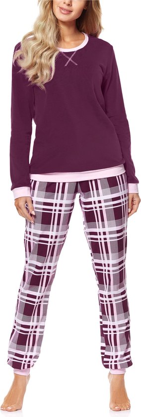 Merry Style MS-MS10-168-PJ Dames Pyjama - ronde hals - lange mouwen - lange broek met zakken - Katoen - Wijn/Geruit - 4XL
