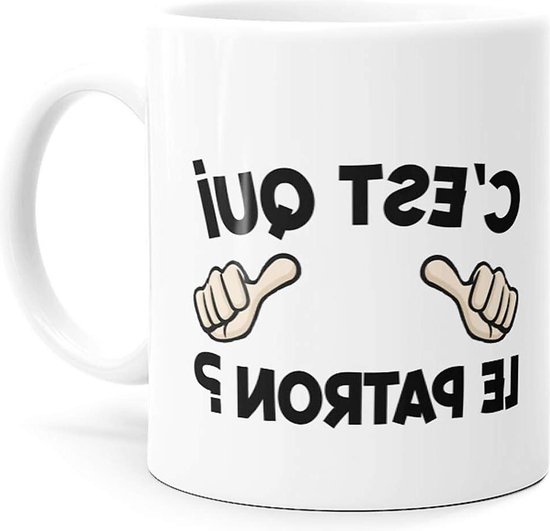 Funny Mug - "C'est Qui Le Patron" Inscription - Funny Gift Idea for Friends, Couples, Lovers, Colleagues, Brothers, Sisters - Birthday, Christmas - Dino Mugs Laughing the Alarm Clock
