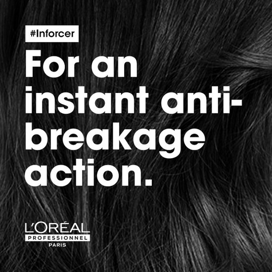 Zwarte haren met de tekst "#Inforcer For an instant anti-breakage action. L'Oréal Professionnel Paris".