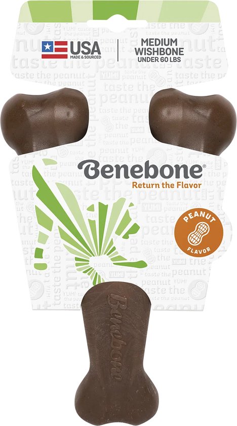 Benebone medium wishbone kauwspeeltje in verpakking, met pindakaassmaak en 'Made in USA' logo.