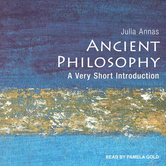 Boek 'Ancient Philosophy A Very Short Introduction' door Julia Annas, met abstracte blauwe en gouden achtergrond.